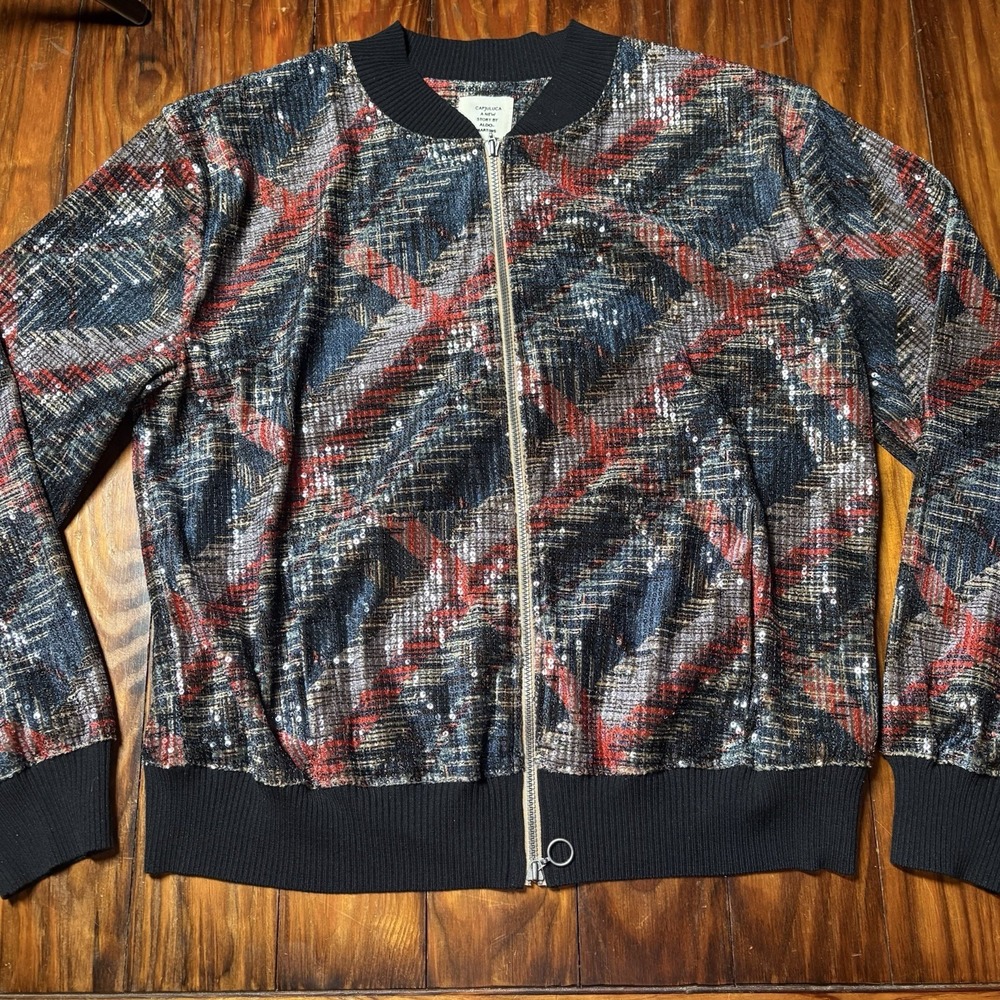 Aldo Martins Flora Jacket CAPJULUCA A NEW STORY Sequin Plaid Bomber Red Sz M